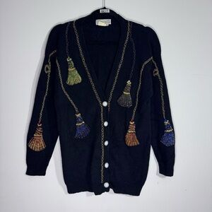 Vtg Vivien Forest Beaded Tassel Cardigan Black Wool Angora Embellished Sweater